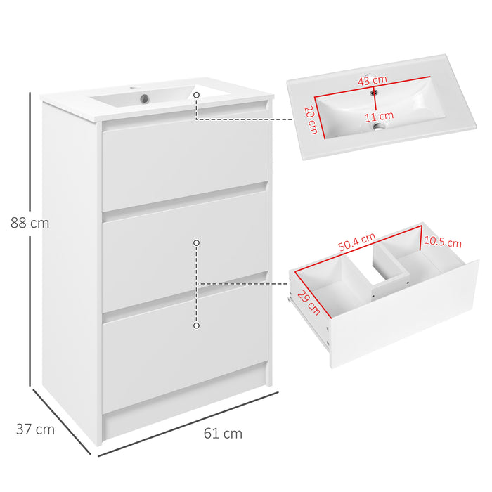 High Gloss White 600mm Vanity Unit with Basin - Sleek Floor Standing Bathroom Sink, Single Tap Hole - 2 Drawer Storage for Modern Home Restrooms