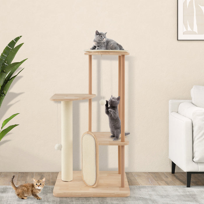 Modern Wood Cat Tree - Multi-Level Design with Scratching Board and Post - Perfect for Active Cats Looking for Play and Rest Spaces