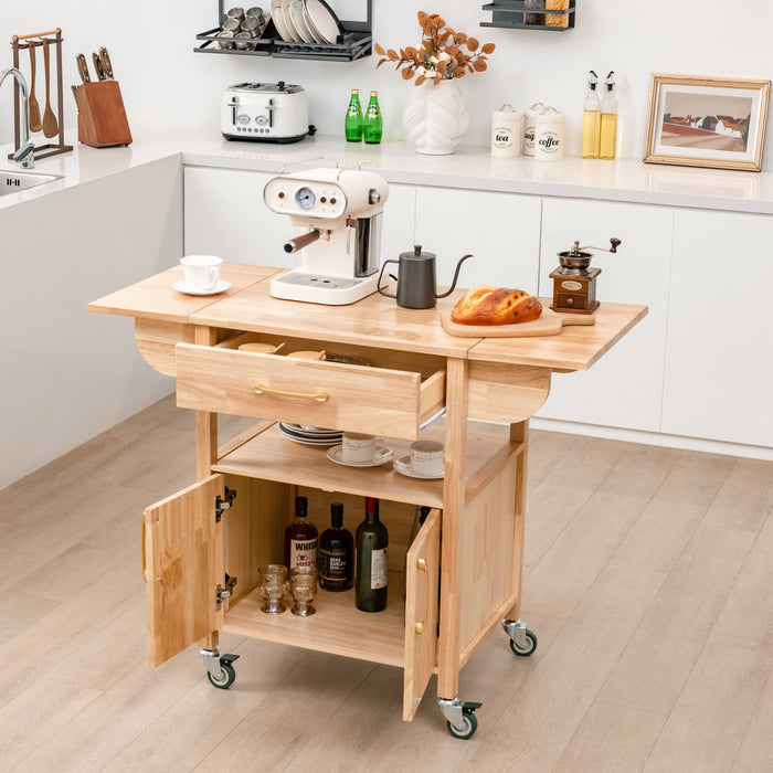 Wood Drop-Leaf - Versatile Kitchen Cart with Open Shelf, Drawer, and Locking Casters - Ideal Portable Storage Solution for Cooking Essentials