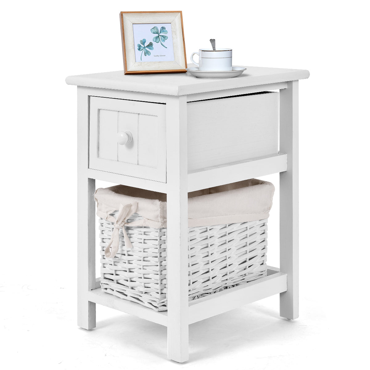 2-Tier White Wood Nightstand - Comes with 1 Drawer and 1 Basket - Perfect Storage Solution for Your Home