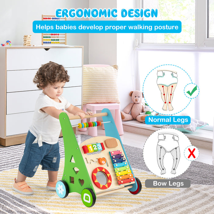 Wooden Baby Walker - Sit-to-Stand Walker with Multiple Toy Activities - Ideal for Infant Mobility Development and Entertainment