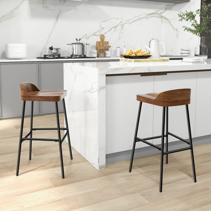 Wooden Bar Stool Set of 2 - Chic Low Back Design with Durable Metal Legs in Brown Finish - Ideal for Home Bars and Kitchen Counters