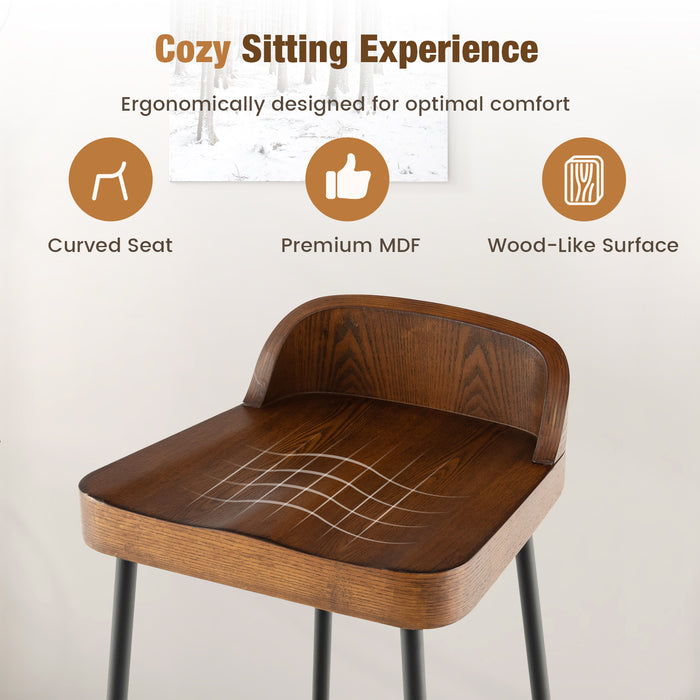 Wooden Bar Stool Set of 2 - Chic Low Back Design with Durable Metal Legs in Brown Finish - Ideal for Home Bars and Kitchen Counters