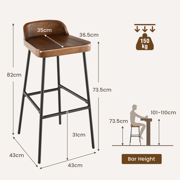 Wooden Bar Stool Set of 2 - Chic Low Back Design with Durable Metal Legs in Brown Finish - Ideal for Home Bars and Kitchen Counters