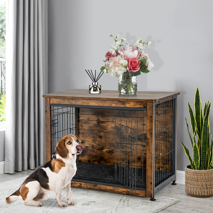 Rustic Brown Design Dog Cage - Wooden Furniture with Double Doors and Cushion - Functional and Comfortable for Pets
