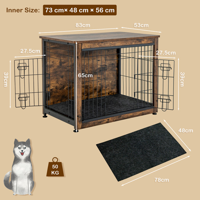 Rustic Brown Design Dog Cage - Wooden Furniture with Double Doors and Cushion - Functional and Comfortable for Pets
