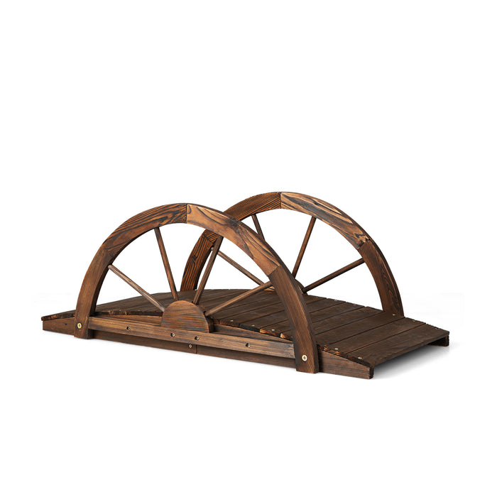 Rustic Brown Wooden Garden Bridge - Half Wheel Railings Design - Ideal for Stream or Pond Crossing Decoration