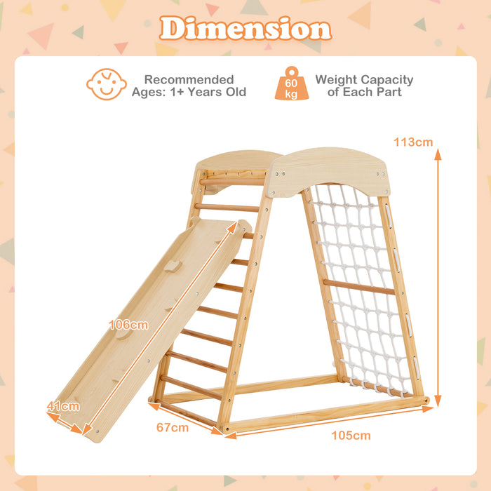 Jungle Gym 6-in-1 Playset - Wooden Indoor Playground with Double-sided Ramp, Natural Finish - Ideal for Active Play and Motor Skills Development