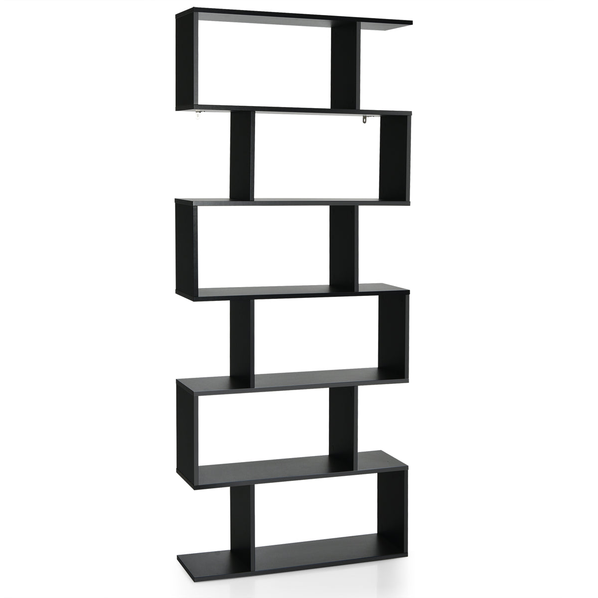 Industrial 6-Tier Wooden Bookshelf in Black - S-Shaped Design - Ideal for Organizing and Displaying Books in Home and Office Spaces