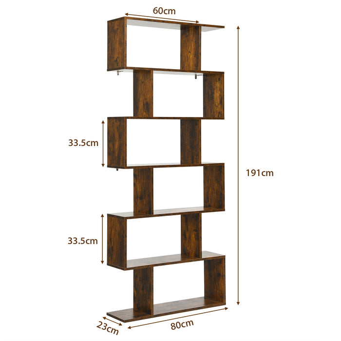 Industrial 6-Tier Wooden Bookshelf in Black - S-Shaped Design - Ideal for Organizing and Displaying Books in Home and Office Spaces