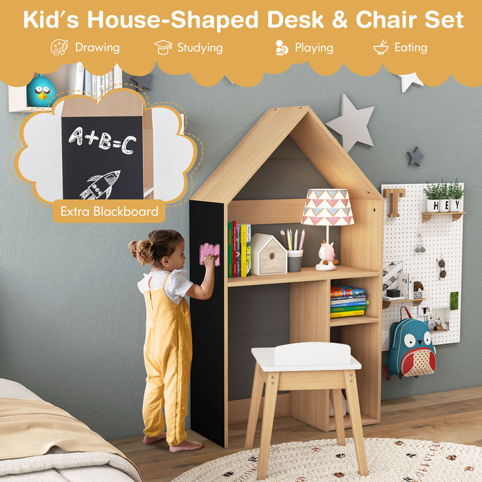 House-Shaped Wooden Kids Table and Chair Set - Grey with Blackboard Feature - Ideal for Creative Play and Learning Activities