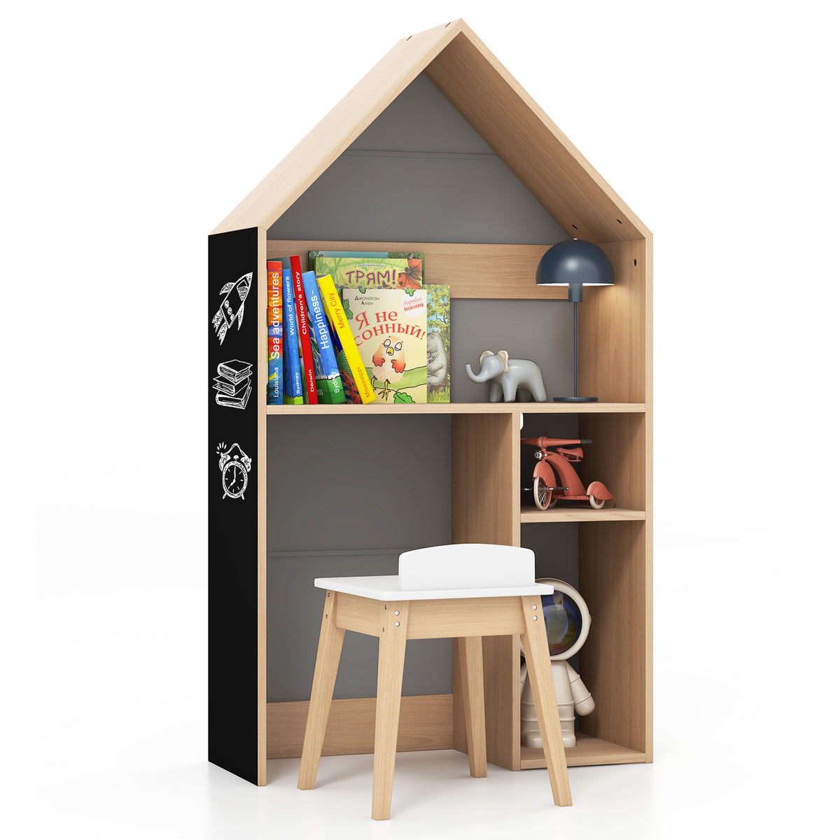 House-Shaped Wooden Kids Table and Chair Set - Grey with Blackboard Feature - Ideal for Creative Play and Learning Activities