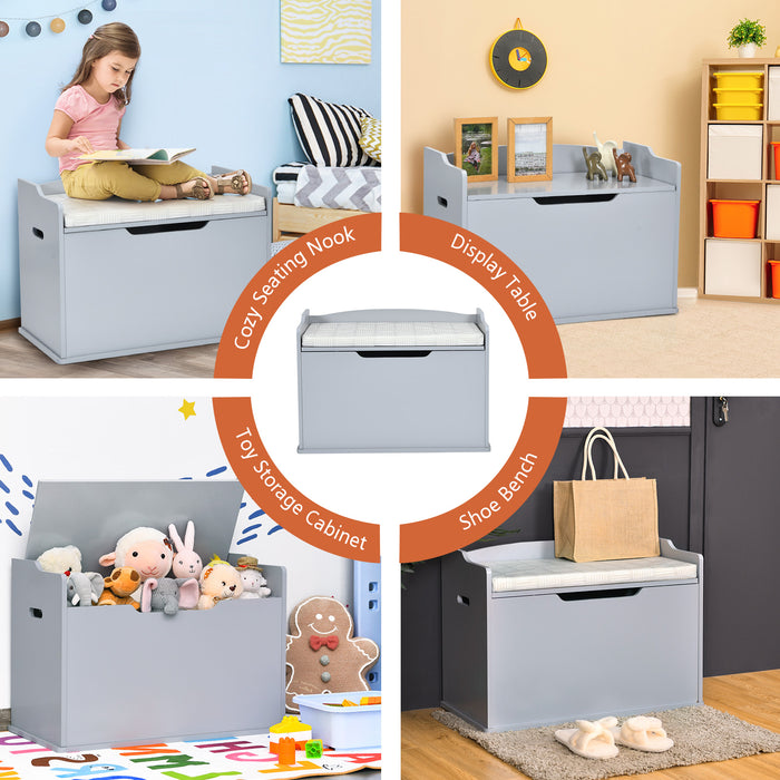 Wooden Toy Box and Bench - Kids Storage Solution with Cushion and Handles in Grey - Ideal for Organizing Children's Rooms