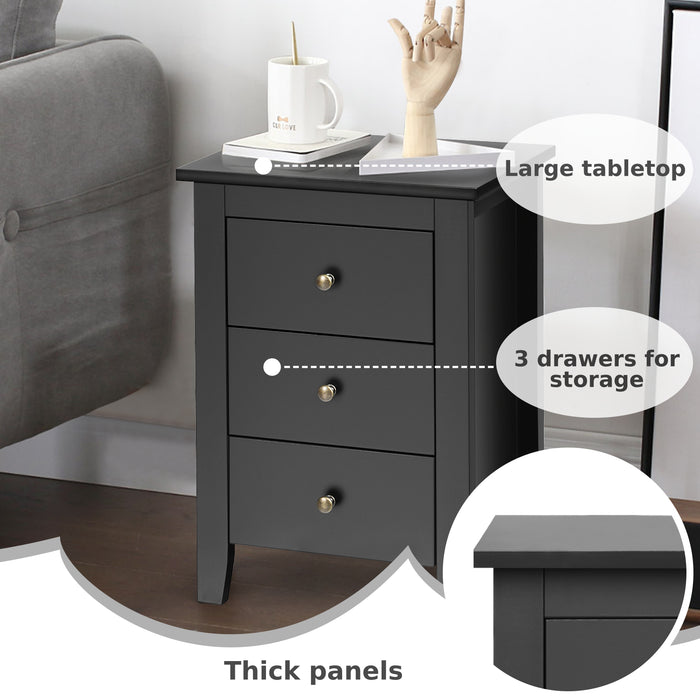 Sturdy Wooden Nightstand - Featuring 3 Spacious Drawers and a Stable Structure in Elegant Black - Perfect Bedroom Storage Solution for Every Home