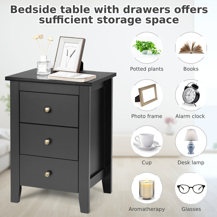 Sturdy Wooden Nightstand - Featuring 3 Spacious Drawers and a Stable Structure in Elegant Black - Perfect Bedroom Storage Solution for Every Home