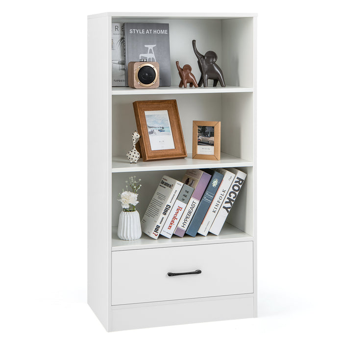 Wooden Cabinet Bookshelf - 3-Tier Open Shelves with Drawer in White - Ideal Storage Solution for Home and Office