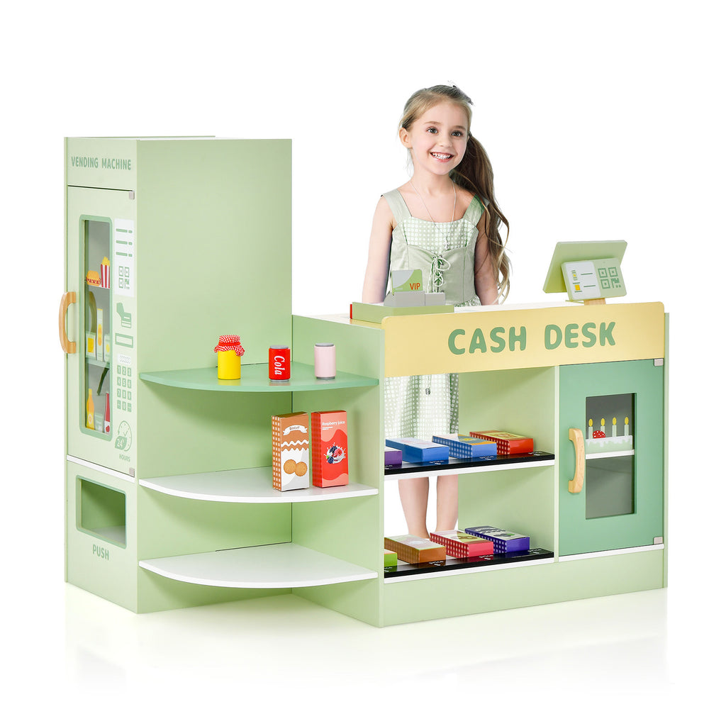 Play Supermarket - Children's Wooden Supermarket Grocery Store Play Set in Green - Ideal for Imaginative Role-Play and Learning Skills Development