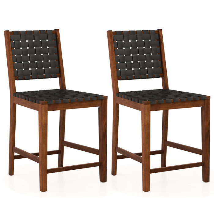 Bar Stools Set of 2 - Woven with Black & Brown Faux PU Leather Straps - Ideal for Home Bar or Kitchen Counter Seating Solution