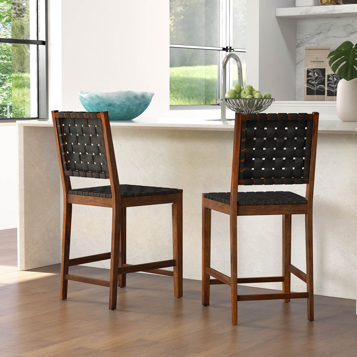 Bar Stools Set of 2 - Woven with Black & Brown Faux PU Leather Straps - Ideal for Home Bar or Kitchen Counter Seating Solution
