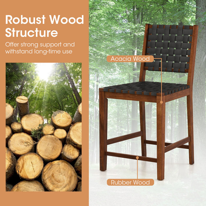 Bar Stools Set of 2 - Woven with Black & Brown Faux PU Leather Straps - Ideal for Home Bar or Kitchen Counter Seating Solution