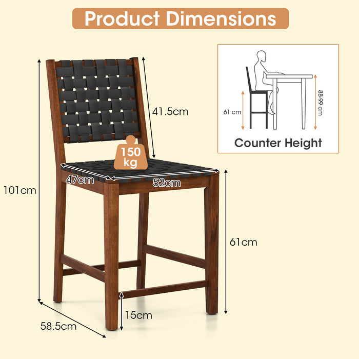 Bar Stools Set of 2 - Woven with Black & Brown Faux PU Leather Straps - Ideal for Home Bar or Kitchen Counter Seating Solution