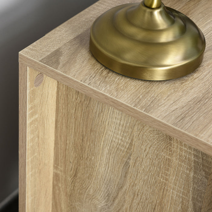 Modern 2-Drawer Oak Brown Bedside Table with Handles and Elevated Base - Contemporary Nightstand with Melamine Finish and Bedroom Storage Solutions - Ideal for Organizing Sleep Space Essentials