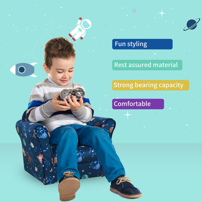 Kids Planet-Themed Cozy Armchair - Sturdy Wood Construction with Non-Slip Feet in Blue - Perfect Seating for Children's Rooms