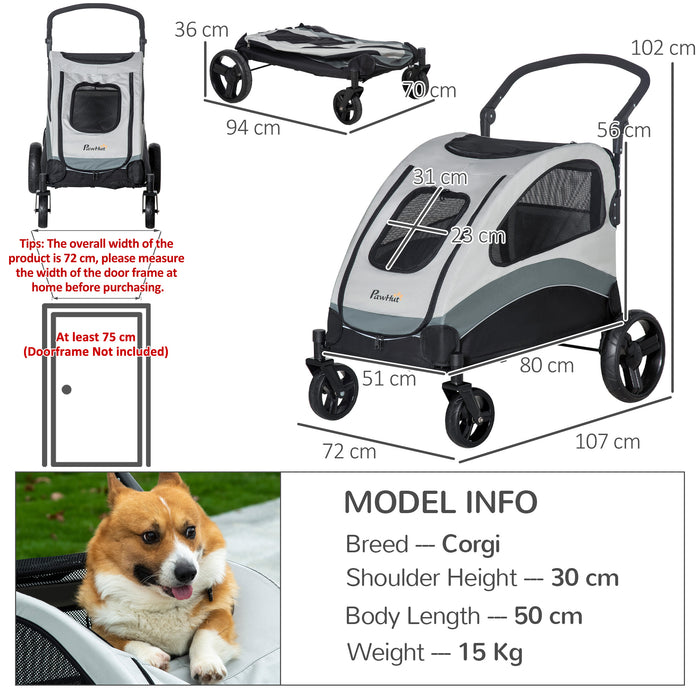 4-Wheel Pet Stroller for Medium Dogs & Cats - Safety Leash, Zipper Doors, Mesh Windows, Storage Bag in Grey - Ideal for Safe & Comfortable Pet Travel
