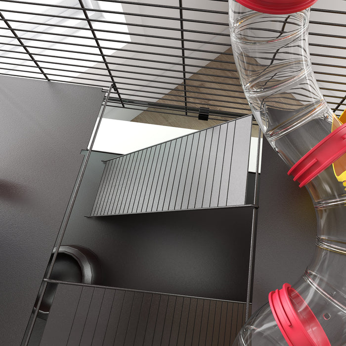 Dwarf Hamster & Gerbil Cage with Deep Glass Base - Includes Tunnels, Cozy Hut, and Exercise Wheel for Small Pet Enrichment - Spacious 60x40x57 cm Habitat for Rodent Comfort