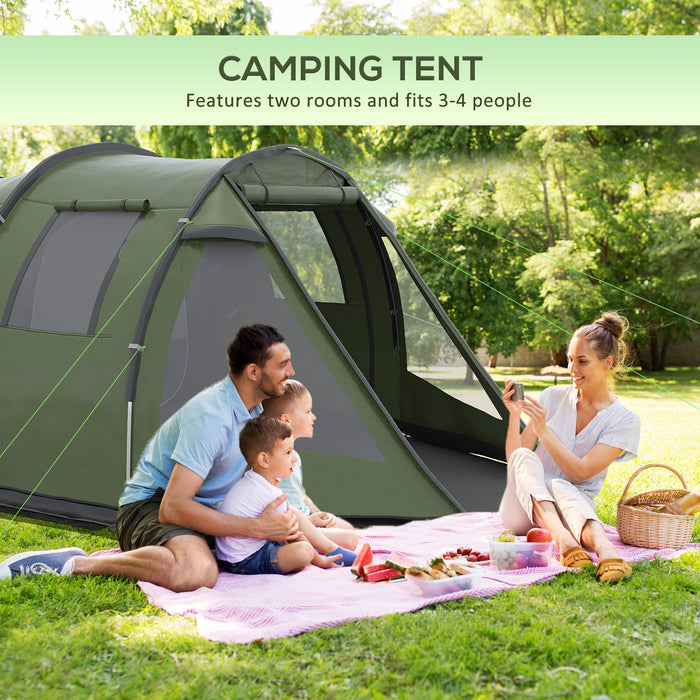 3-4 Person Two Room Tunnel Tent - Spacious Camping Shelter with Windows and Covers - Ideal for Fishing, Hiking, and Outdoor Sports, Includes Carry Bag, Green