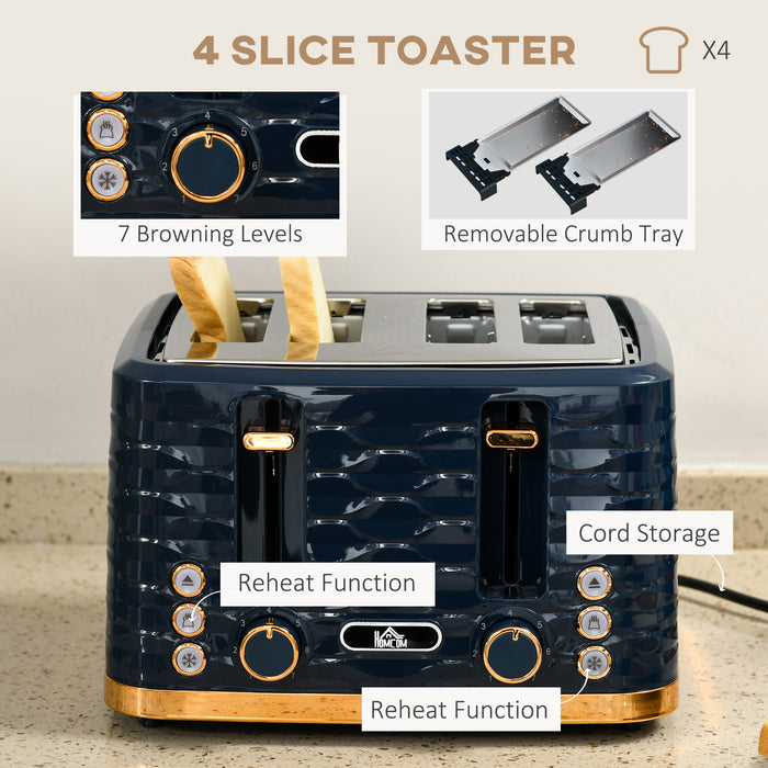 3000W 1.7L Fast-Heating Electric Kettle & Efficient 4-Slice Toaster - Complete Breakfast Station with Variable Browning Settings and Removable Crumb Tray, Blue - Ideal for Busy Families and Morning Convenience
