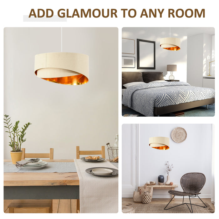 Contemporary Adjustable Pendant Chandelier - Bevel Nested Lampshades with Metal Finish, Beige & Gold - Elegant Lighting for Living Rooms and Bedrooms