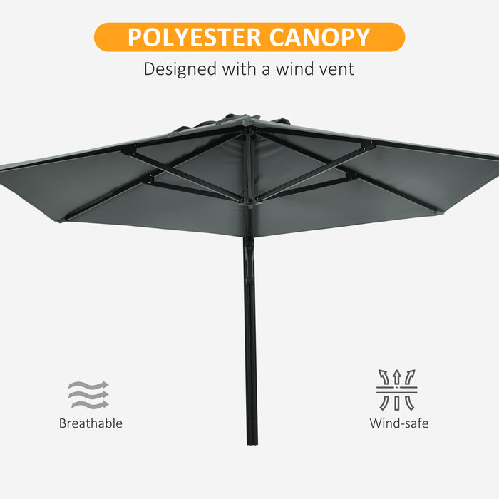 Hand-Push 180° Rotatable Outdoor Patio Umbrella - Wall Mounted Parasol with Adjustable Canopy for Porch, Deck, Garden, 250cm, Grey - Ideal for Residential and Commercial Spaces