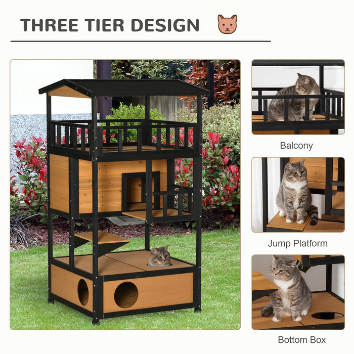 3-Tier Wooden Cat House - Winter-Ready Kitten Shelter with Tilted Roof, Terrace & Jump Step - Cozy Lodge for Cats with Elevated Base & Bottom Tray, Yellow