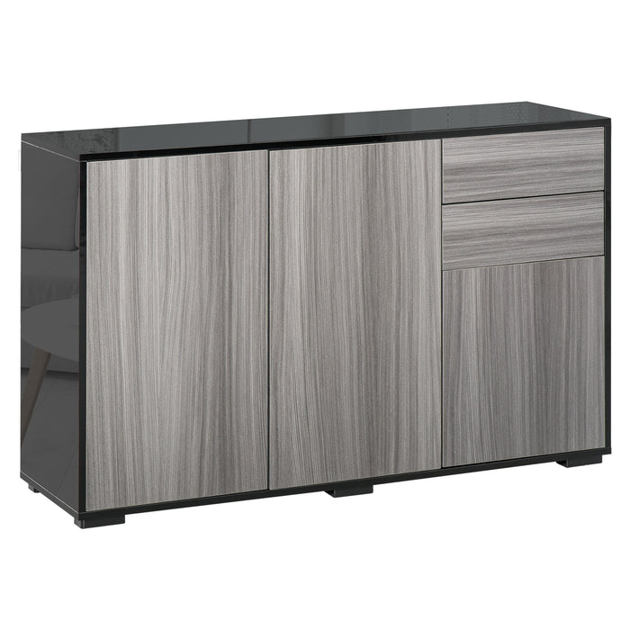 High Gloss Sideboard Storage Unit - Contemporary Push-Open Side Cabinet with 2 Drawers in Light Grey and Black - Stylish Organization for Living Room or Bedroom