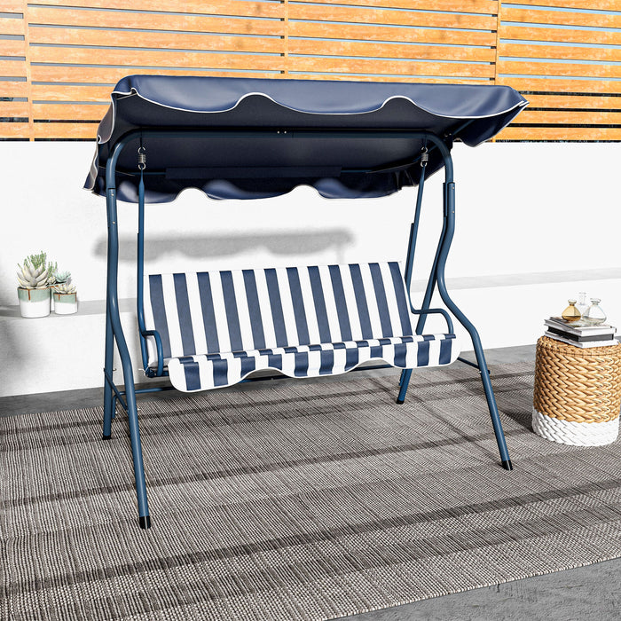 Outdoor 3-Seater Swing Bench with Adjustable Canopy - Blue Striped Garden Chair, Durable Metal Frame - Relaxation and Comfort for Patio or Yard
