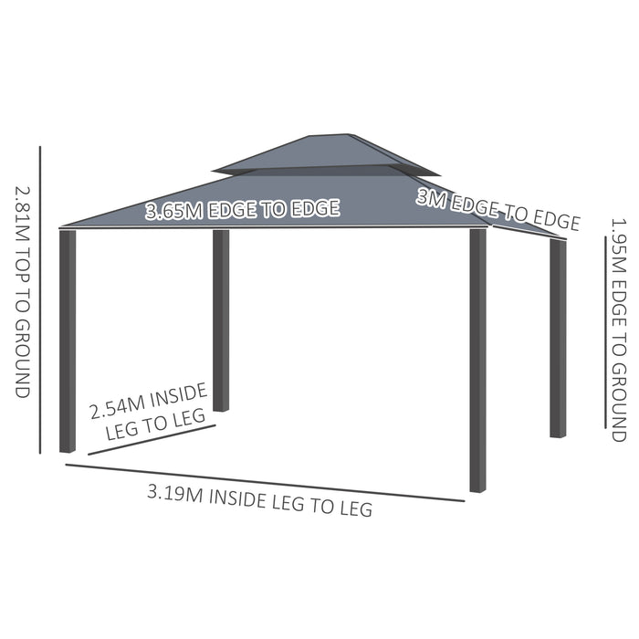 3 x 3.7m Aluminum Hardtop Gazebo - Two-Tier Vented Roof & Mesh Netting Sidewalls, Dark Grey - Ideal Outdoor Shelter for Patio Entertainment