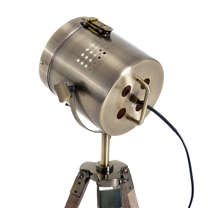 Vintage Brass Tripod Table Lamp - Bedside Antique Spotlight with Wooden Base - Classic Desk Lighting for Home Decor