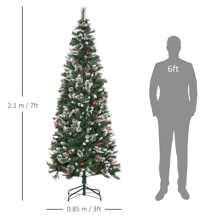 Slim Pencil Artificial Christmas Tree with Snow-Dipped Tips - 7ft Height, 738 Lifelike Branches, Pine Cones & Red Berries, Easy Auto-Open Feature - Perfect for Festive Home Decoration