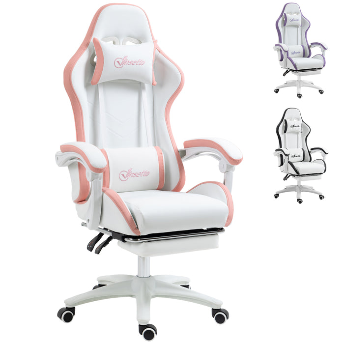 Racing Gaming Chair - Reclining PU Leather Desk Chair with Swivel, Footrest & Removable Headrest - Ergonomic Design for Gamers, White & Pink