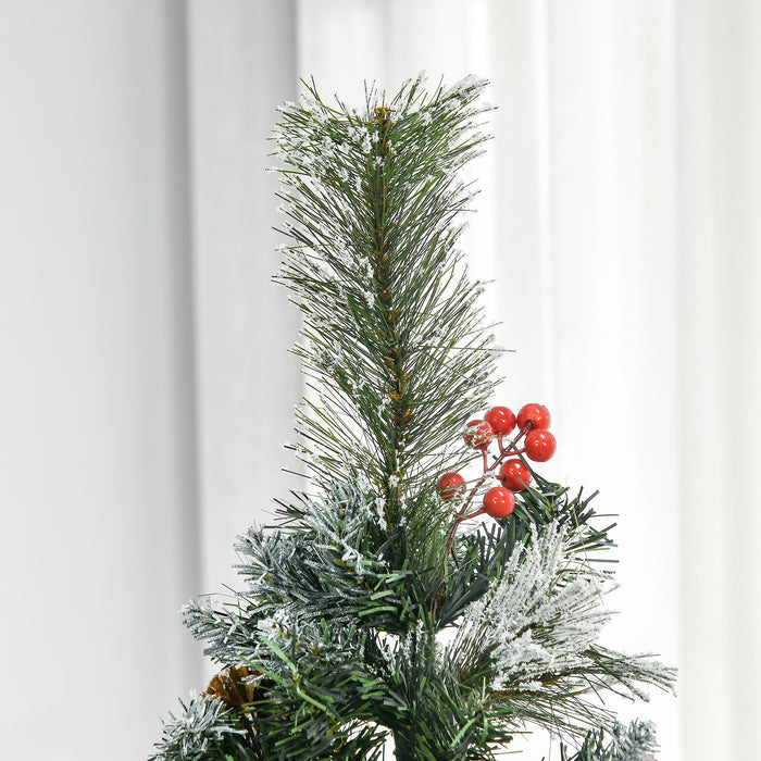 Slim Snow-Dusted 5-Foot Artificial Christmas Tree - 402 Lifelike Branches with Pine Cones and Red Berries, Auto-Expand Feature - Ideal for Festive Home Decoration and Tight Spaces