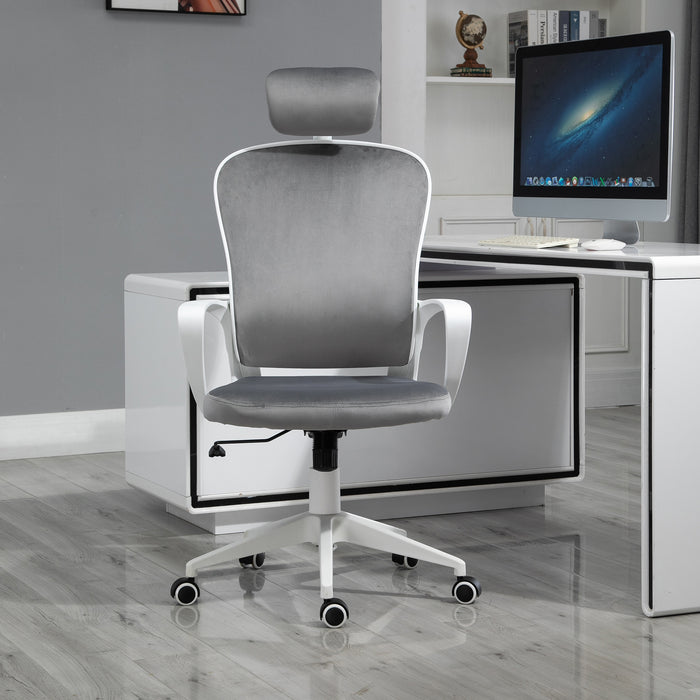 High-Back Velvet Swivel Home Office Chair - Ergonomic Rocking Computer Chair with Wheels, Adjustable Headrest - Comfortable Seating for Work or Gaming Sessions, Grey