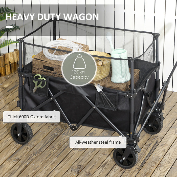 180L Folding Garden Trolley with Extendable Side Walls - Versatile Wagon Cart for Beach, Camping & Festival Use - Sturdy Black Utility Cart for Outdoor Adventures