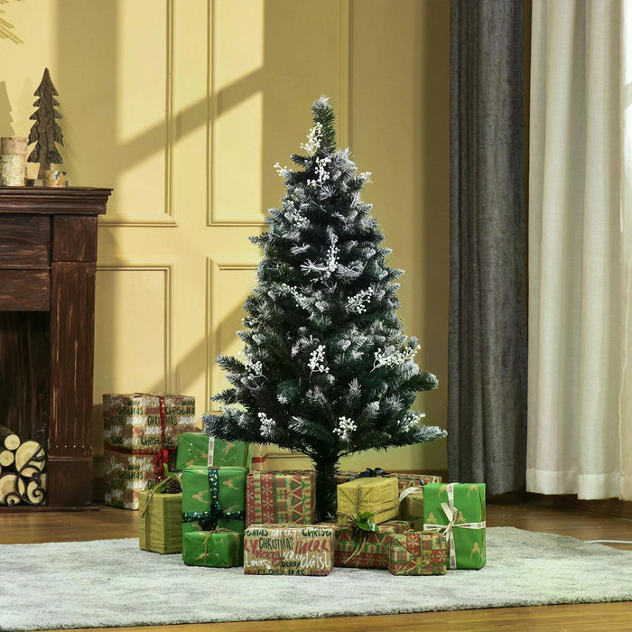Artificial Snow-Dipped Pencil Christmas Tree - 4-Foot Holiday Decor with White Berries, Dark Green Hue, Foldable Base - Ideal Indoor Festive Home Adornment