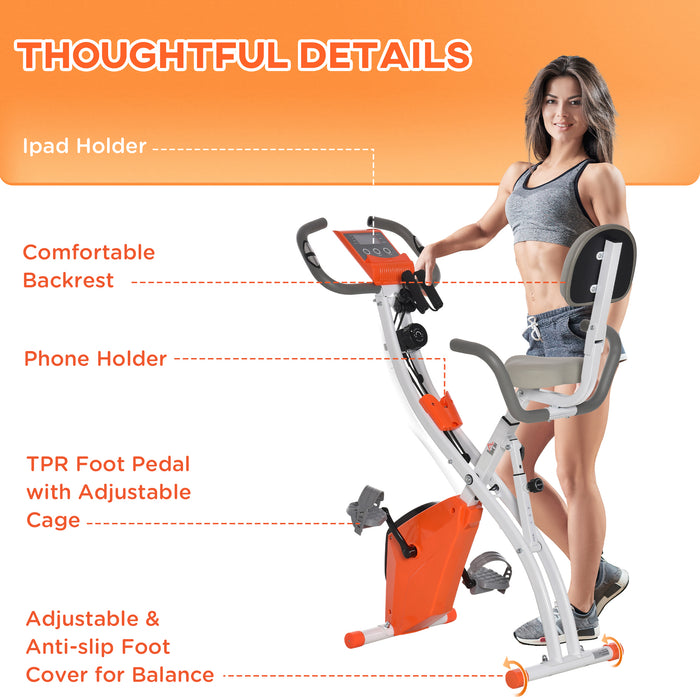 Foldable 2-in-1 Upright & Recumbent Exercise Bike - Magnetic Stationary Cycling with Arm Resistance Bands, Orange - Ideal for Full-Body Home Workouts