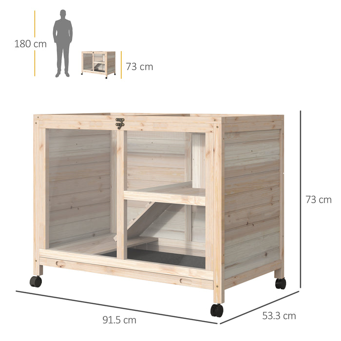 Wooden Rabbit Hutch with Wheels and Pull-Out Tray - Small Animal Enclosure for Guinea Pigs and Bunnies, Openable Roof Design - 91.5 x 53.3 x 73 cm Ideal for Pet Comfort and Easy Cleaning