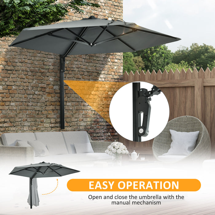 Hand-Push 180° Rotatable Outdoor Patio Umbrella - Wall Mounted Parasol with Adjustable Canopy for Porch, Deck, Garden, 250cm, Grey - Ideal for Residential and Commercial Spaces