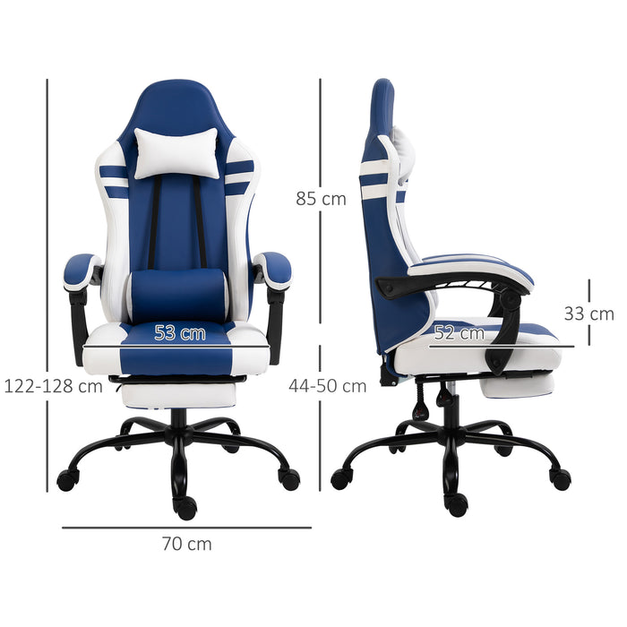 Ergonomic PU Leather Racing Chair - High-Back Gaming Chair with Headrest, Footrest & Adjustable Height - Comfortable Recliner for Gamers, Blue & White Design