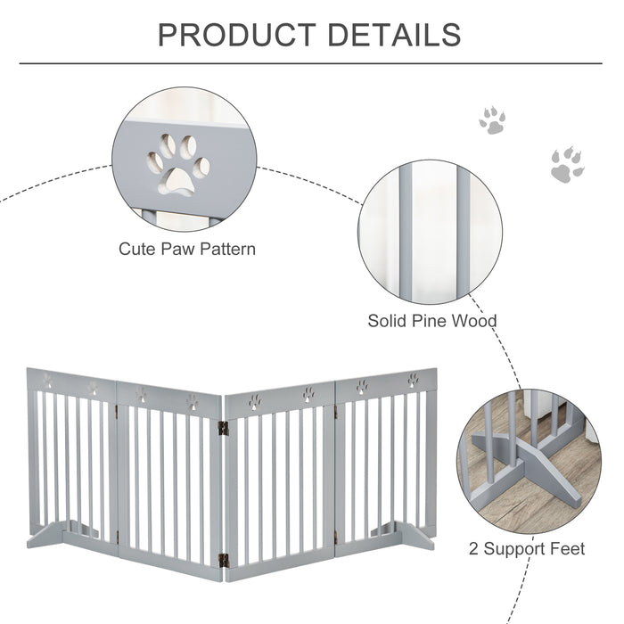 4 Panel Wooden Pet Gate - Freestanding Folding Dog Barrier & Safety Fence with Support Feet - Up to 204cm Wide, 61cm Tall in Light Grey for Home Security
