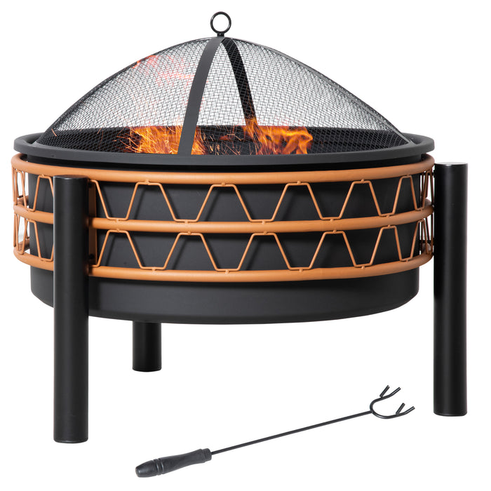 Round Metal Outdoor Fire Pit - Charcoal & Wood Burning Bowl with Screen Cover and Poker - Ideal for BBQ, Patio, and Camping Activities